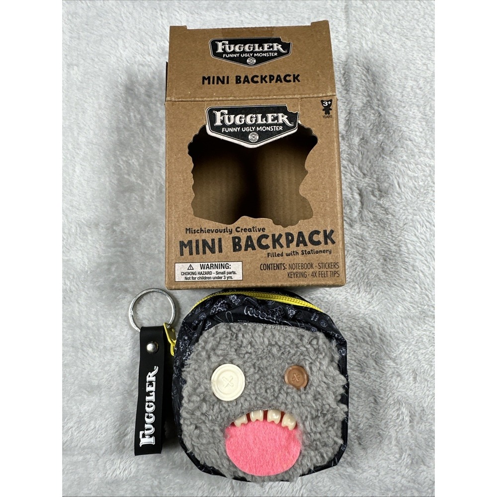 FUGGLER Mini Backpack Keychain Gray With Stationary, Markers, And Stickers